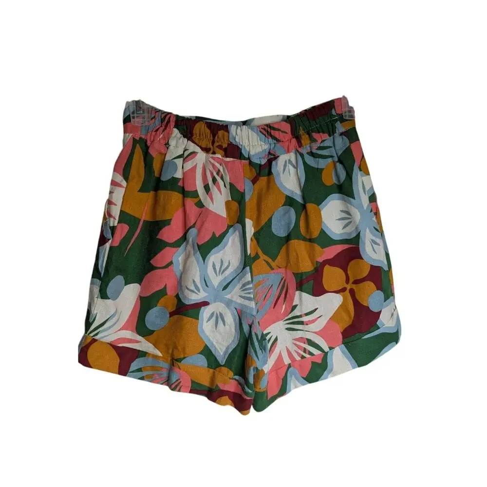 Maison de Amile floral tropical linen blend shorts belted size 2